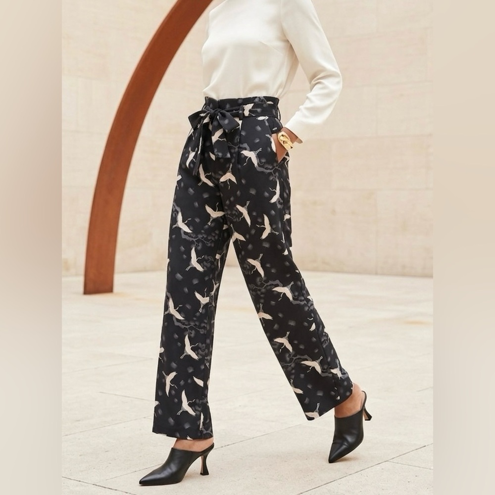 Streetwear Society Black Wide-Leg Paperbag Waist Trousers with Cream Bird Print